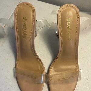 Shoe Dazzle Tan and Clear Heels